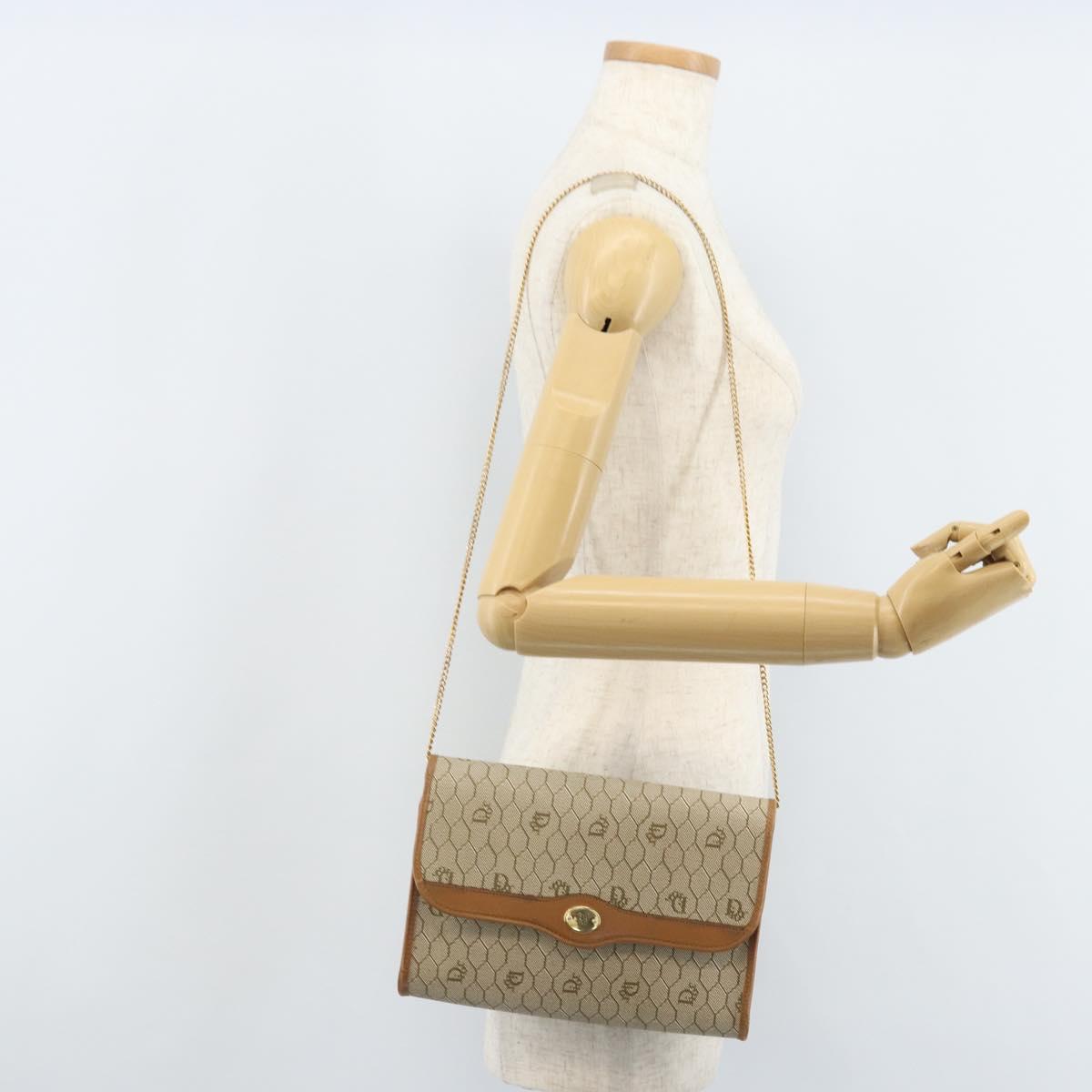 Christian Dior Honeycomb Canvas Chain Shoulder Bag PVC Beige Gold Auth ka3209