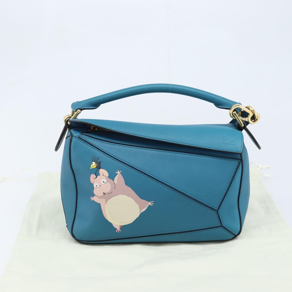 LOEWE テ Studio Ghibli Puzzle bag Hand Bag Leather 2way Blue Gold Auth ka3244SM