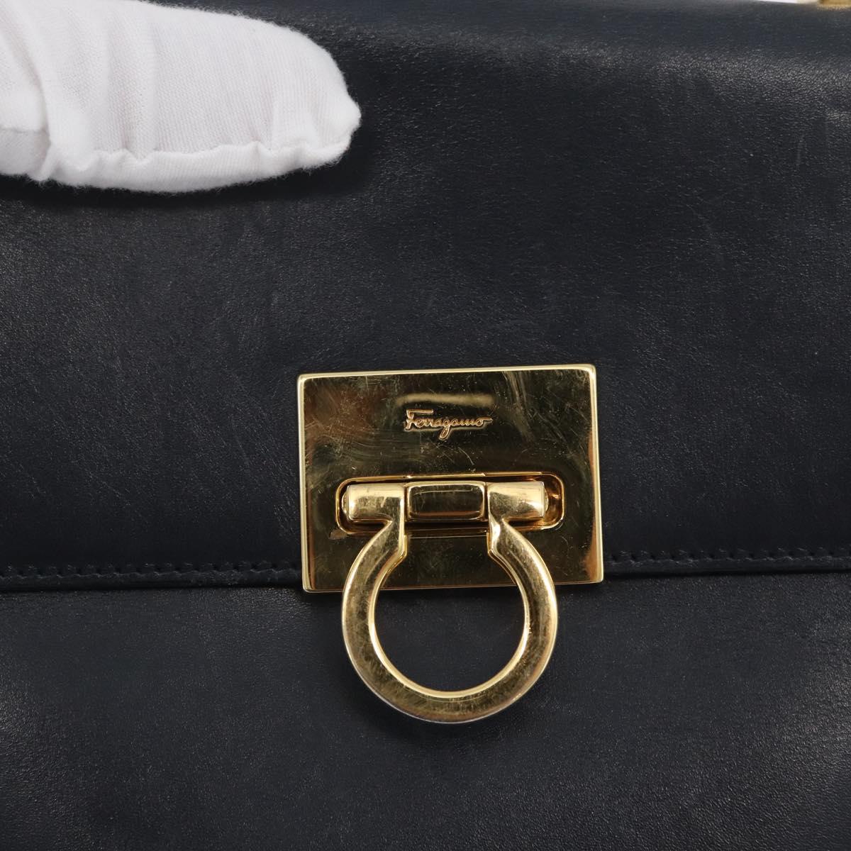 Salvatore Ferragamo Gancini Hand Bag Leather 2way Navy Gold Auth ka3255