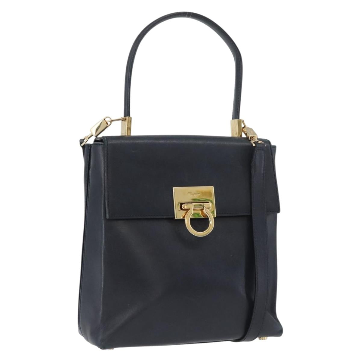Salvatore Ferragamo Gancini Hand Bag Leather 2way Navy Gold Auth ka3255