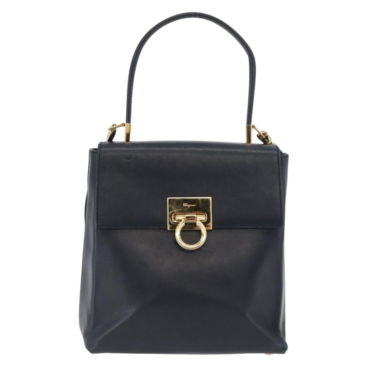 Salvatore Ferragamo Gancini Hand Bag Leather 2way Navy Gold Auth ka3255