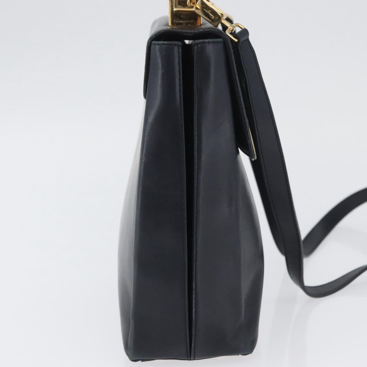 Salvatore Ferragamo Gancini Hand Bag Leather 2way Navy Gold Auth ka3255