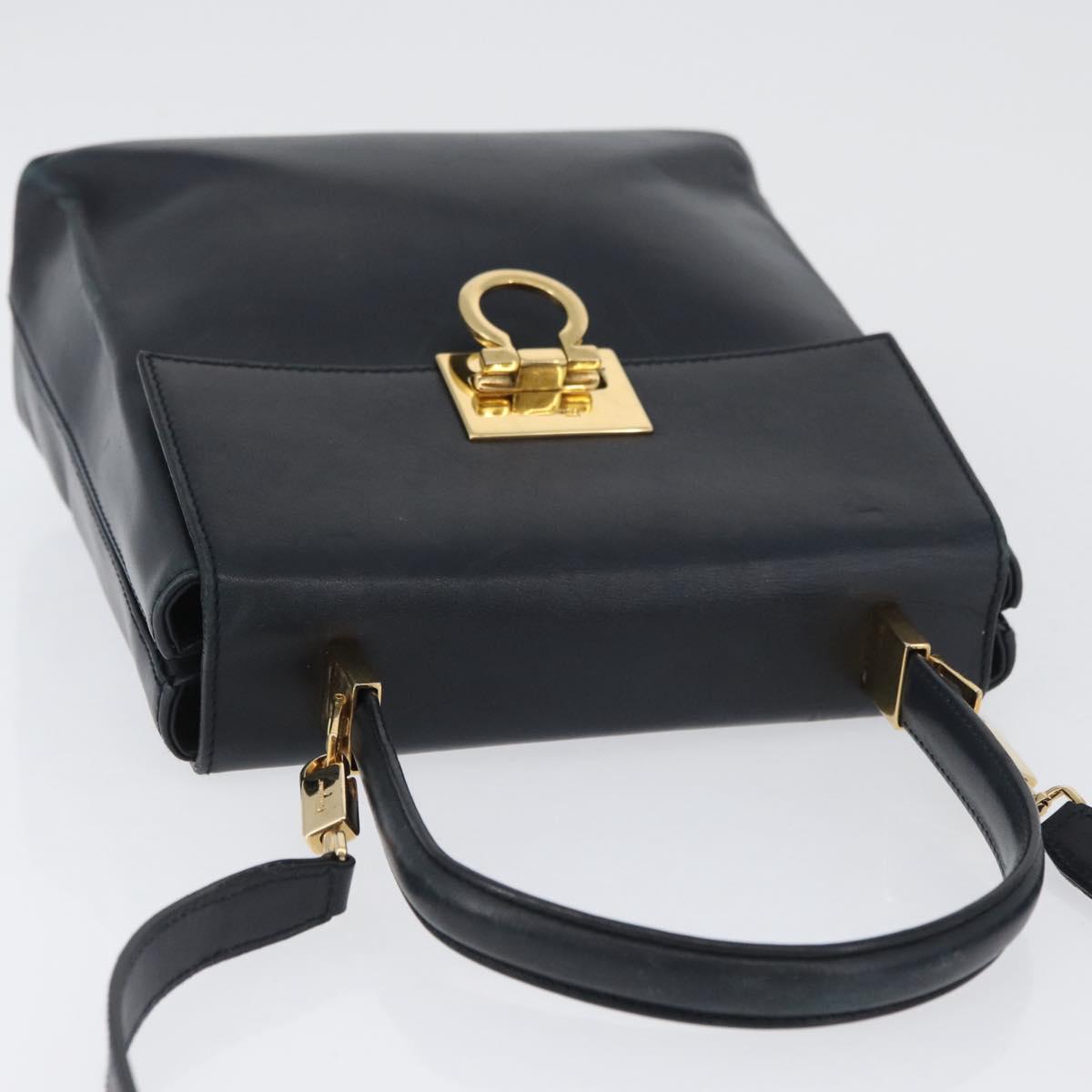 Salvatore Ferragamo Gancini Hand Bag Leather 2way Navy Gold Auth ka3255