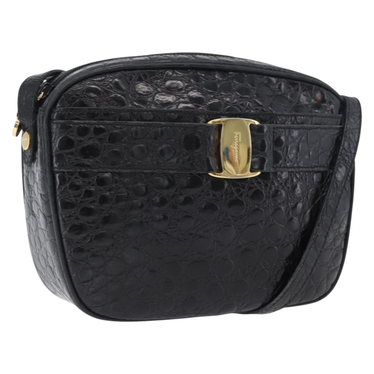 Salvatore Ferragamo Vala Shoulder Bag Leather Black Gold Auth ka3259