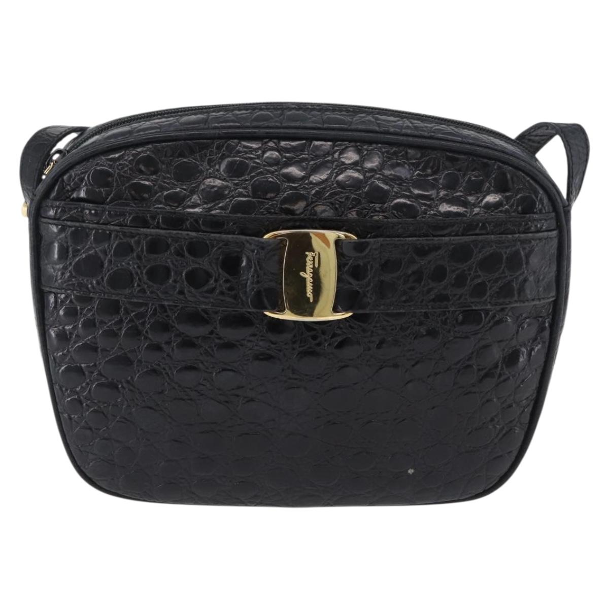 Salvatore Ferragamo Vala Shoulder Bag Leather Black Gold Auth ka3259