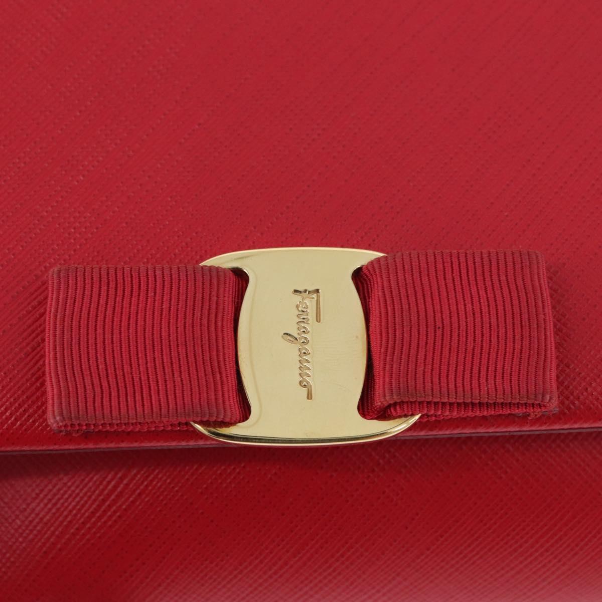 Salvatore Ferragamo Vara Ribbon Chain Shoulder Bag Leather Red Gold Auth ka3265A