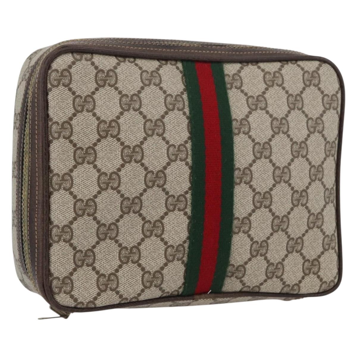 GUCCI GG Supreme Web Sherry Line Clutch Bag PVC Beige Red Green Auth ka3285
