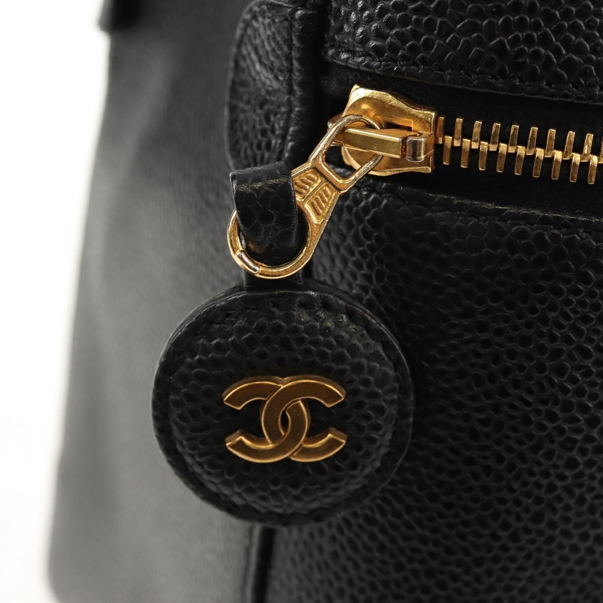 CHANEL COCO Mark Vanity Hand Bag Caviar Skin Black Gold CC Auth ka329V