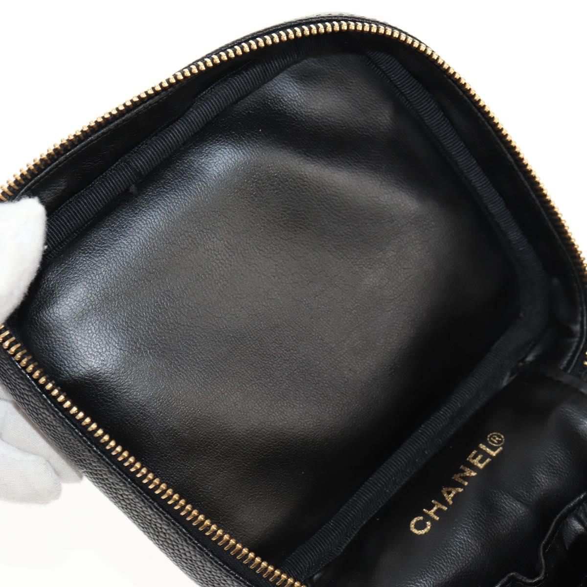 CHANEL COCO Mark Vanity Hand Bag Caviar Skin Black Gold CC Auth ka329V