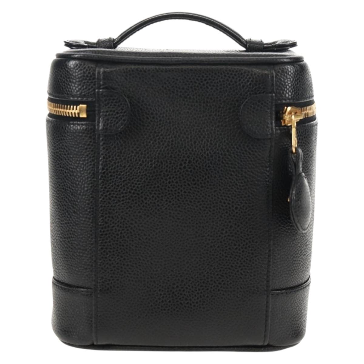 CHANEL COCO Mark Vanity Hand Bag Caviar Skin Black Gold CC Auth ka329V