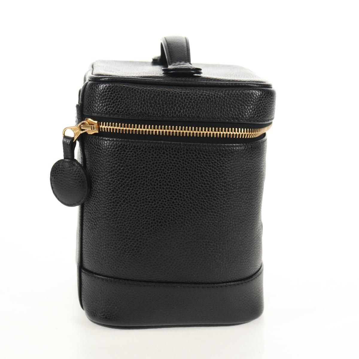 CHANEL COCO Mark Vanity Hand Bag Caviar Skin Black Gold CC Auth ka329V