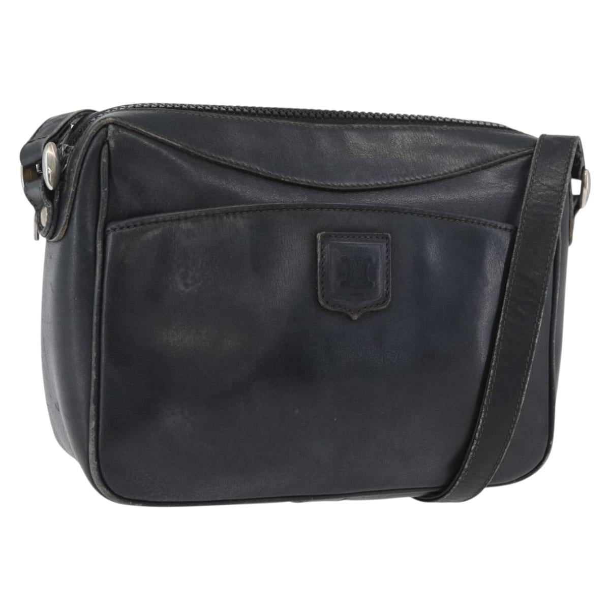 CELINE Shoulder Bag Leather Navy Gold Auth ka3302