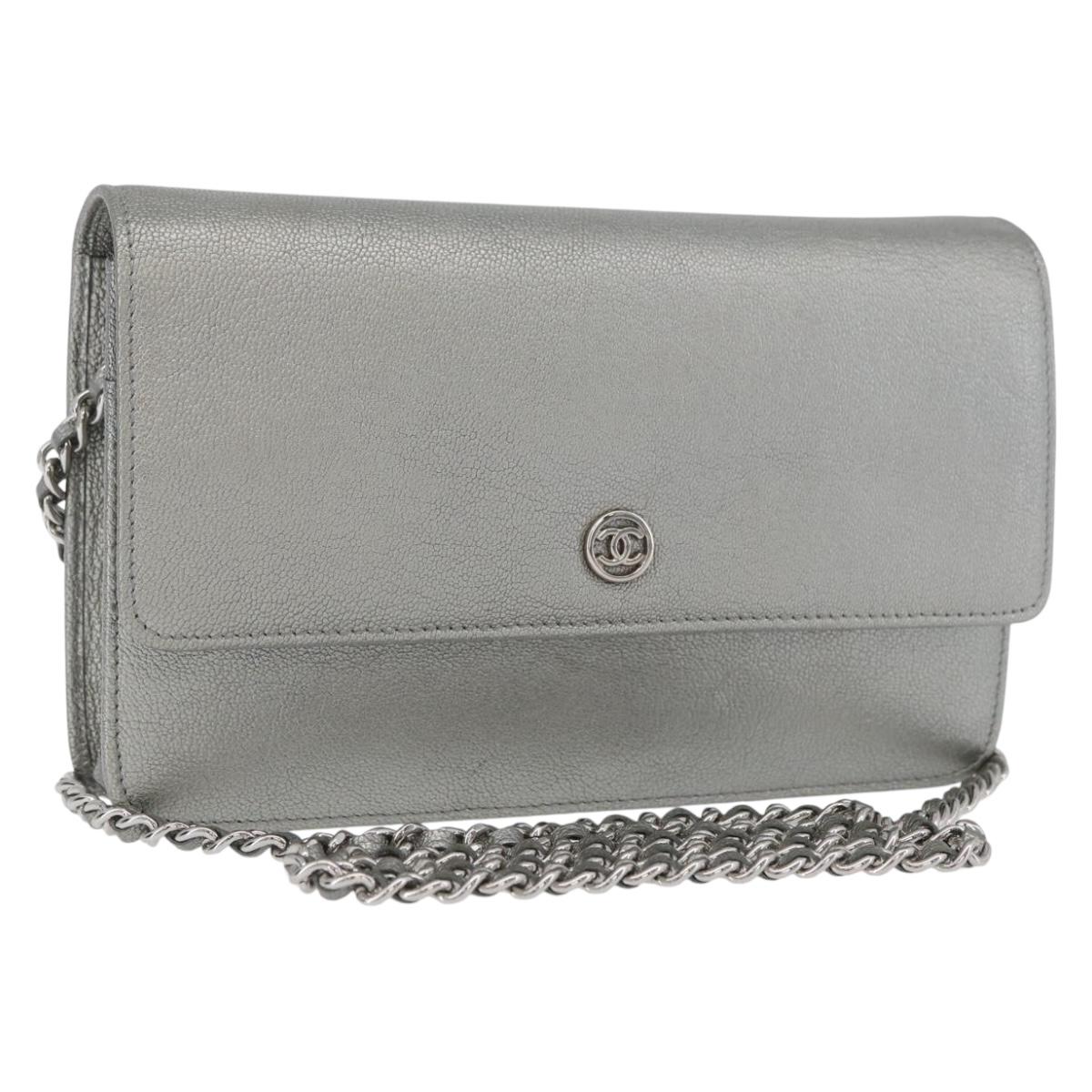 CHANEL Chain Wallet Shoulder Bag Leather Silver CC Auth ka3340SAV