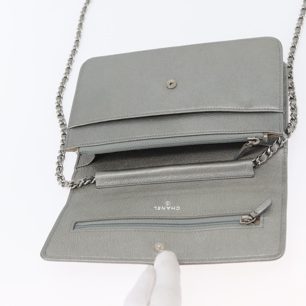 CHANEL Chain Wallet Shoulder Bag Leather Silver CC Auth ka3340SAV