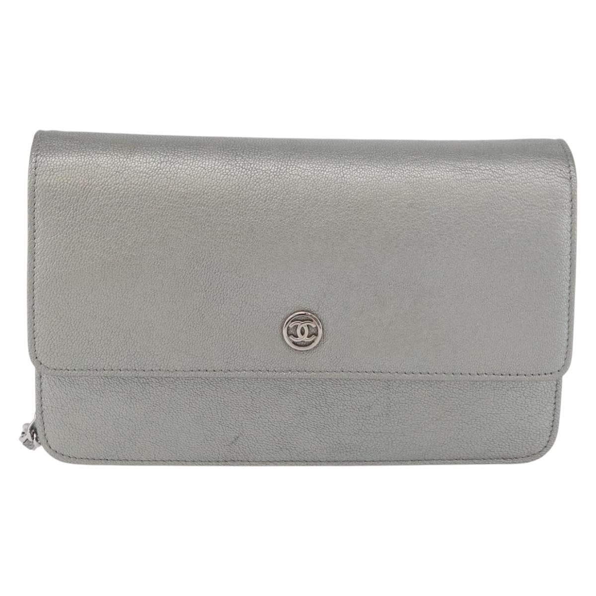 CHANEL Chain Wallet Shoulder Bag Leather Silver CC Auth ka3340SAV