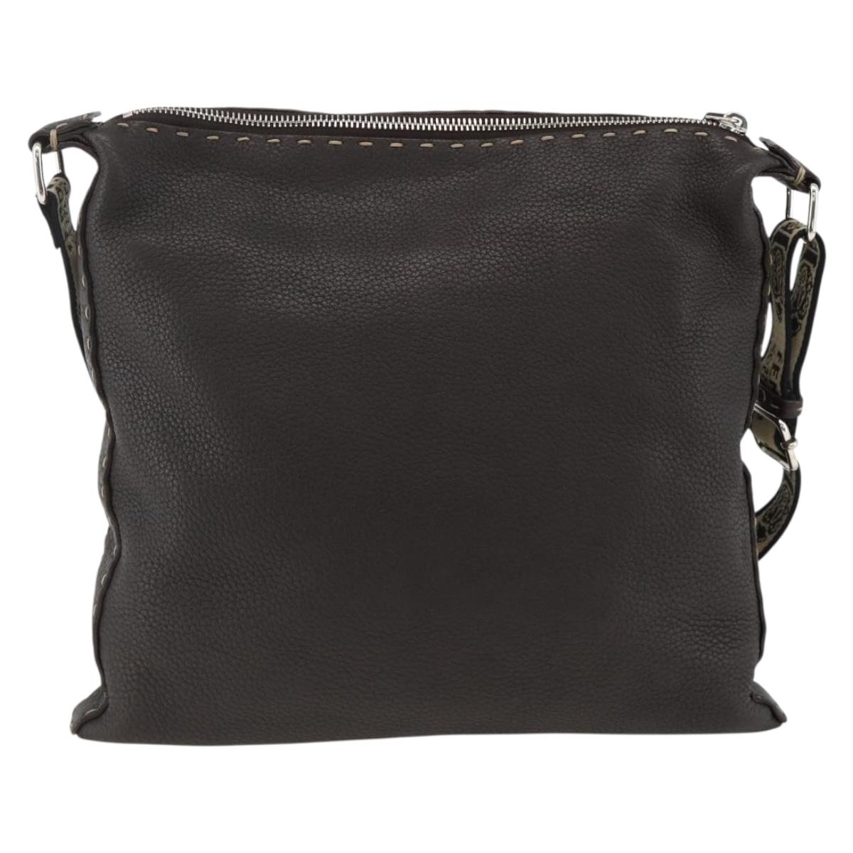 FENDI Shoulder Bag Leather Brown Silver Auth ka3356A