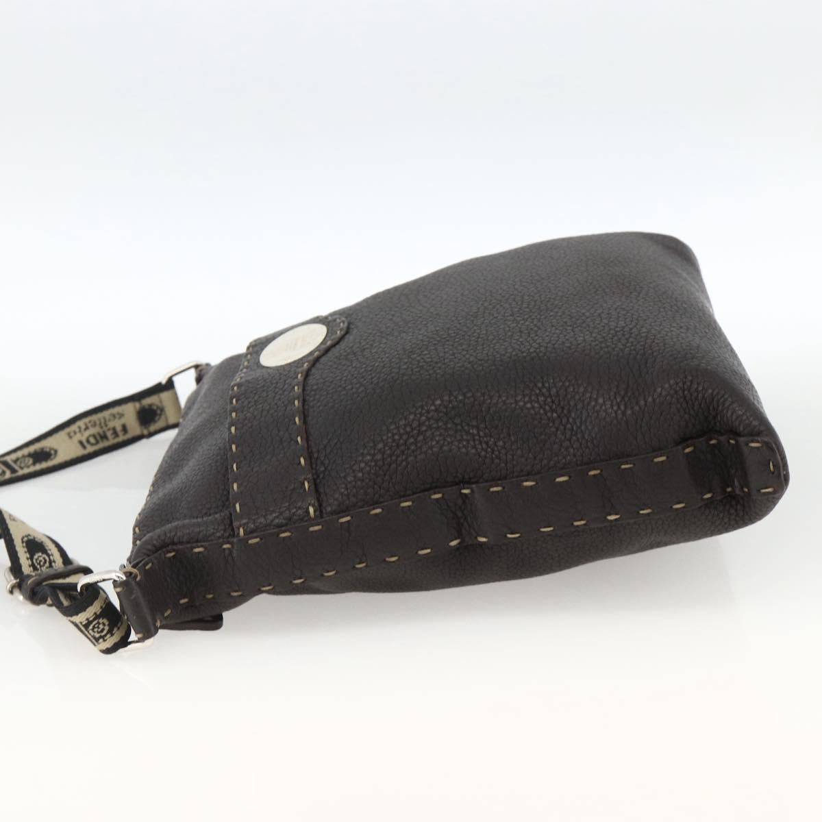 FENDI Shoulder Bag Leather Brown Silver Auth ka3356A