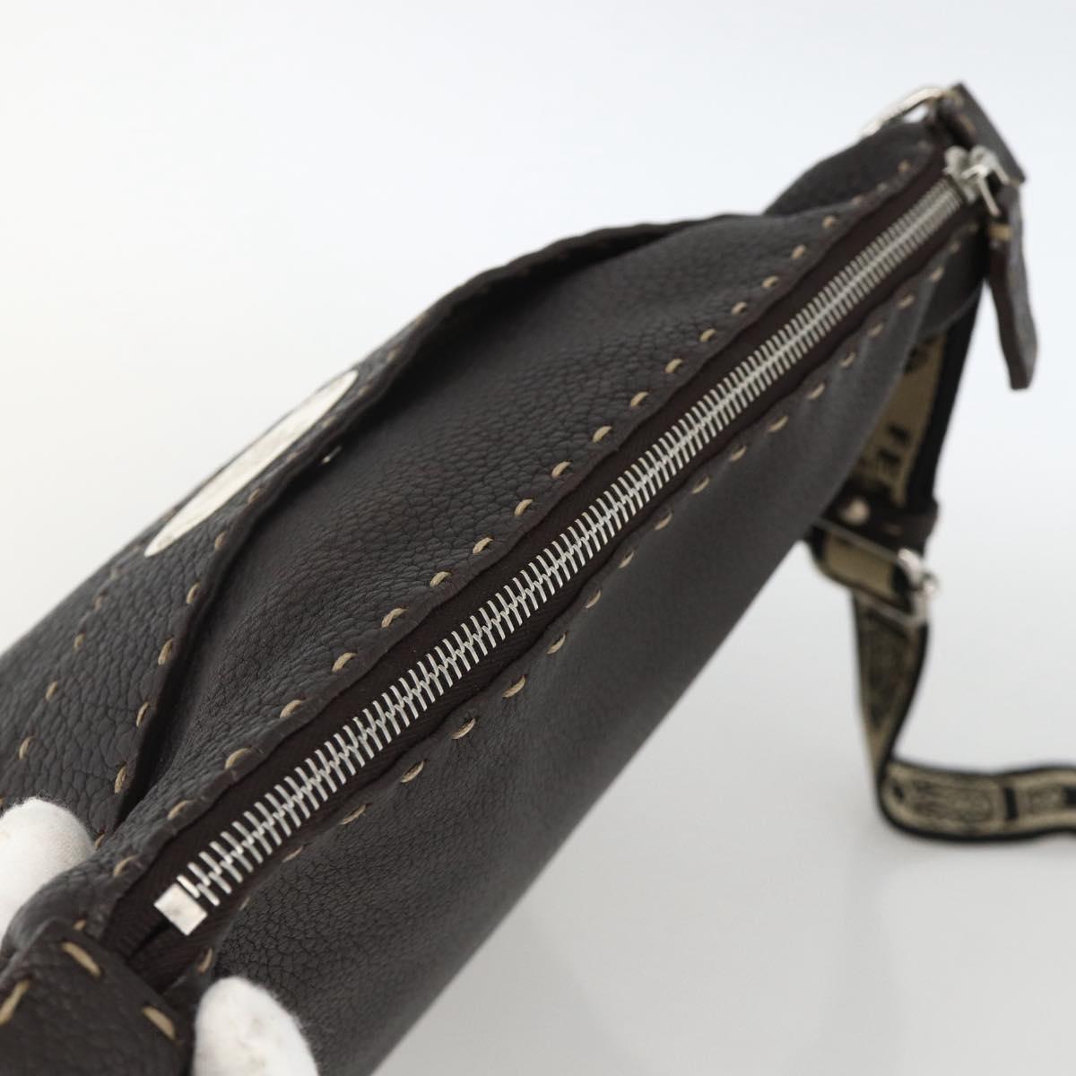FENDI Shoulder Bag Leather Brown Silver Auth ka3356A