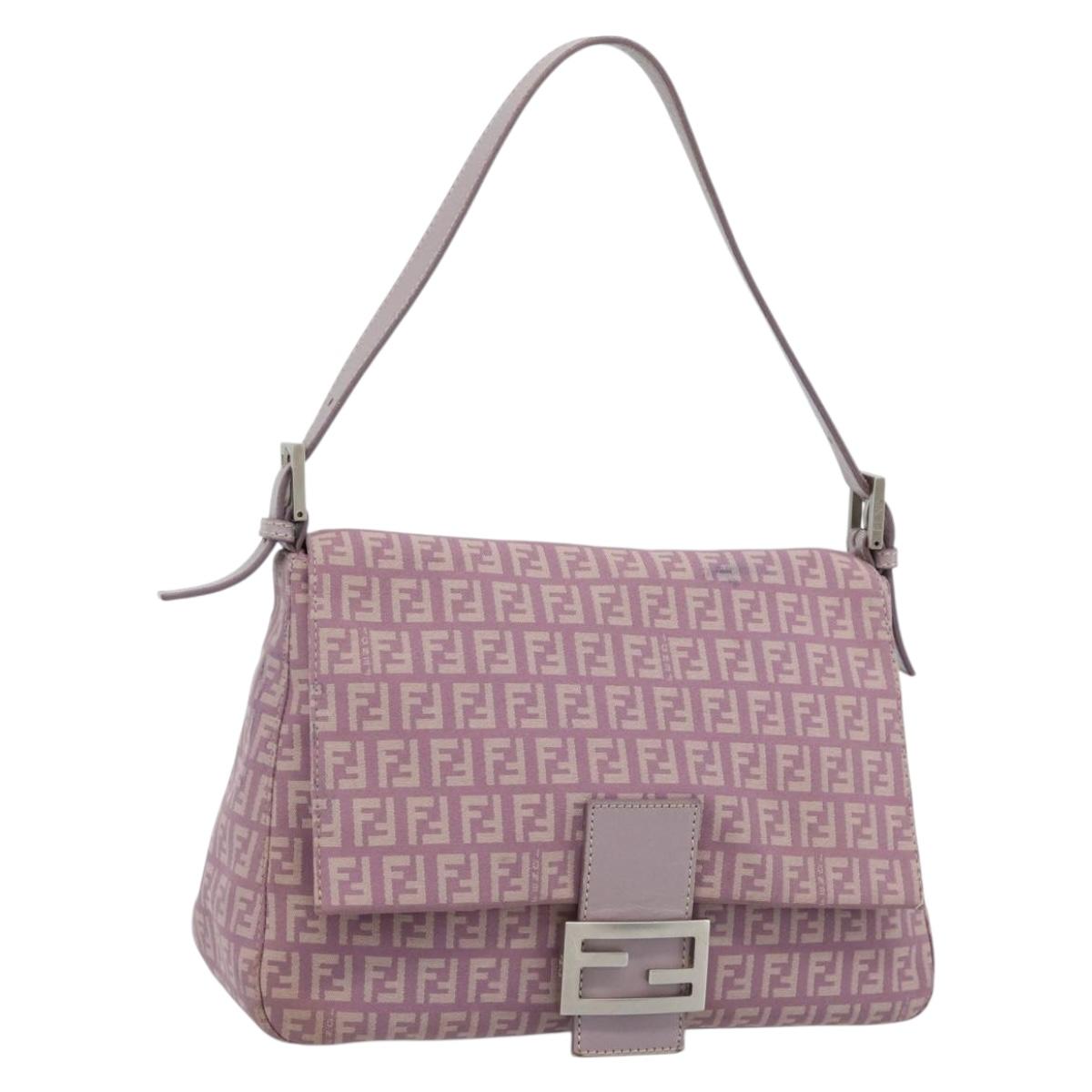 FENDI Zucchino Canvas Mamma Baguette Shoulder Bag Pink Silver Auth ka3366V