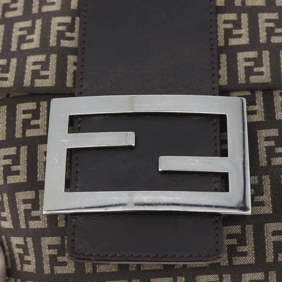 FENDI Zucchino Canvas Shoulder Bag Brown Silver Auth ka3374