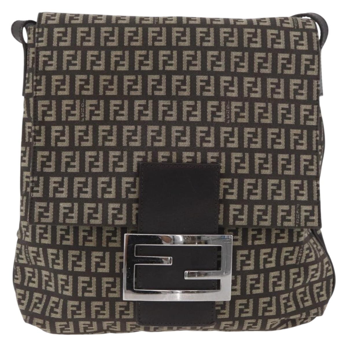 FENDI Zucchino Canvas Shoulder Bag Brown Silver Auth ka3374