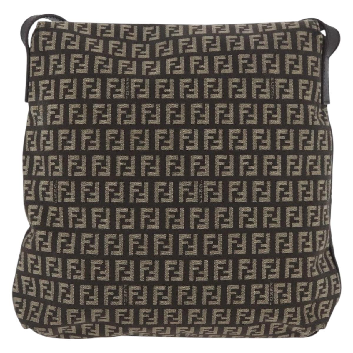FENDI Zucchino Canvas Shoulder Bag Brown Silver Auth ka3374