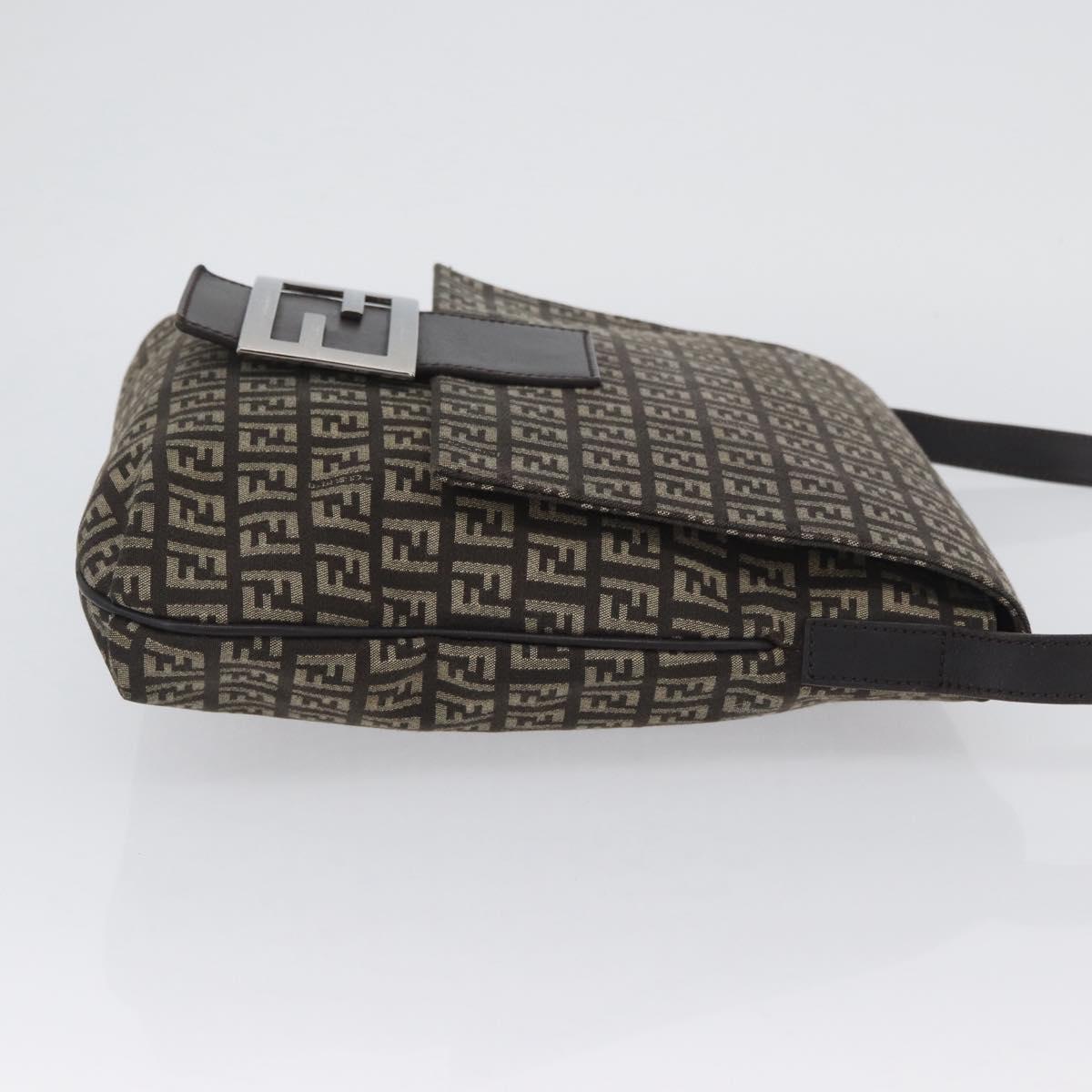 FENDI Zucchino Canvas Shoulder Bag Brown Silver Auth ka3374