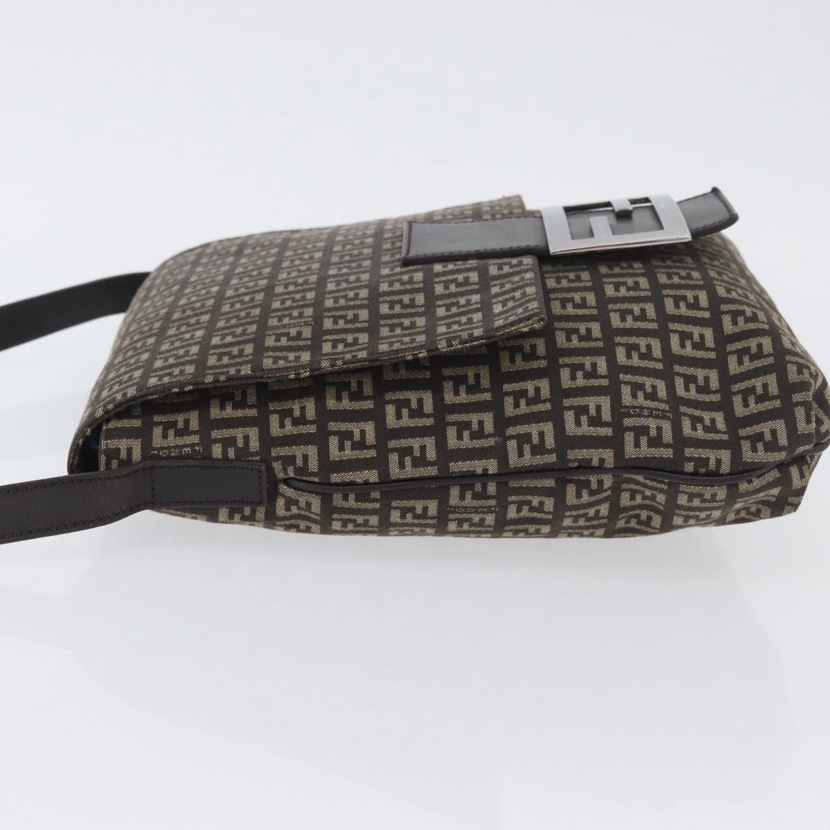 FENDI Zucchino Canvas Shoulder Bag Brown Silver Auth ka3374