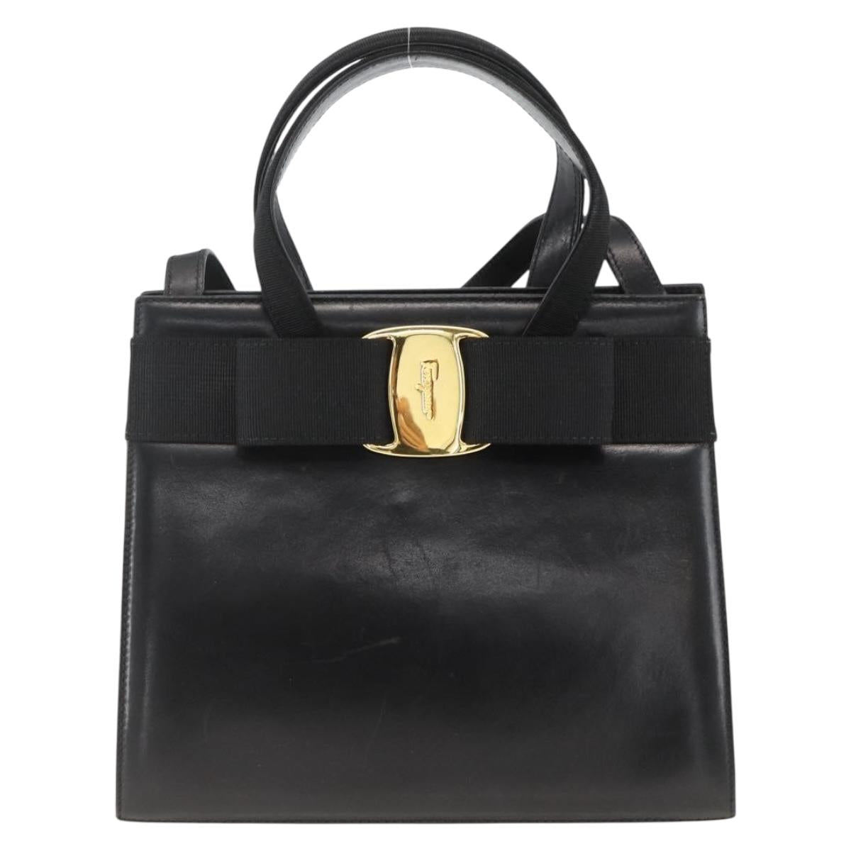Salvatore Ferragamo Vala Ribbon Hand Bag Leather 2way Black Gold Auth ka3380