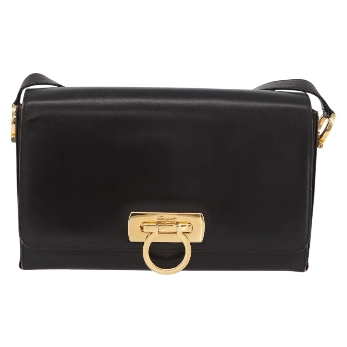 Salvatore Ferragamo Gancini Shoulder Bag Leather Brown Gold Auth ka3381