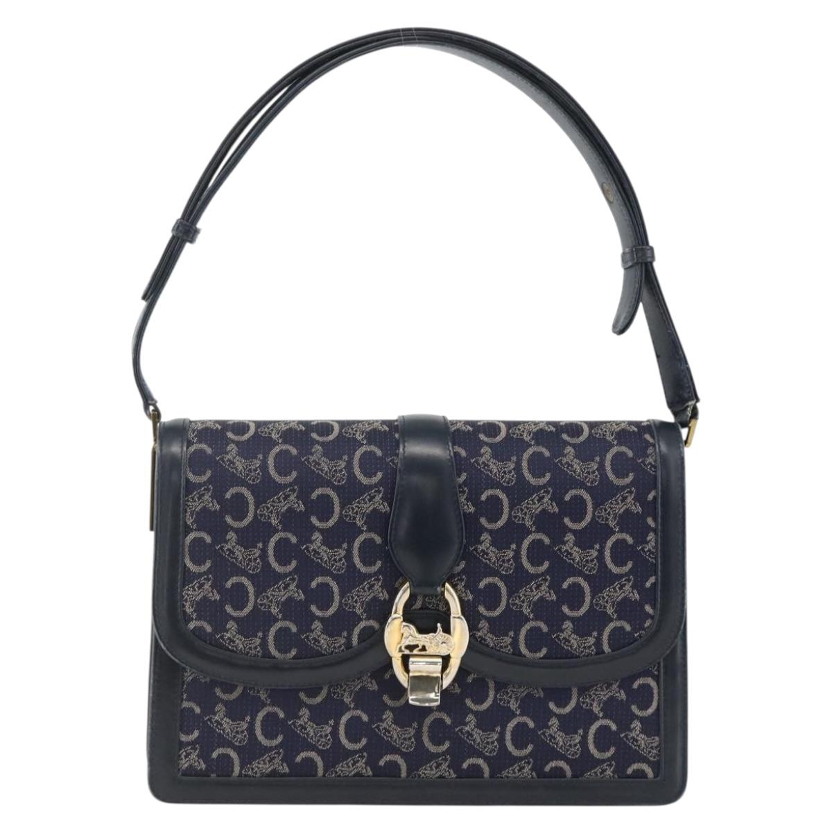CELINE C Sulky Shoulder Bag Canvas Navy Gold Auth ka3383