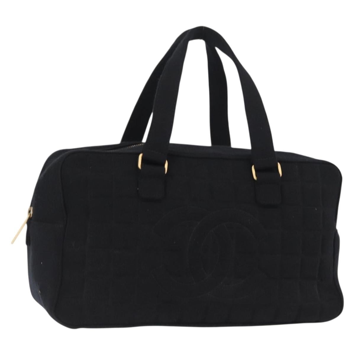 CHANEL Choco Bar Hand Bag cotton Black Gold CC Auth ka339