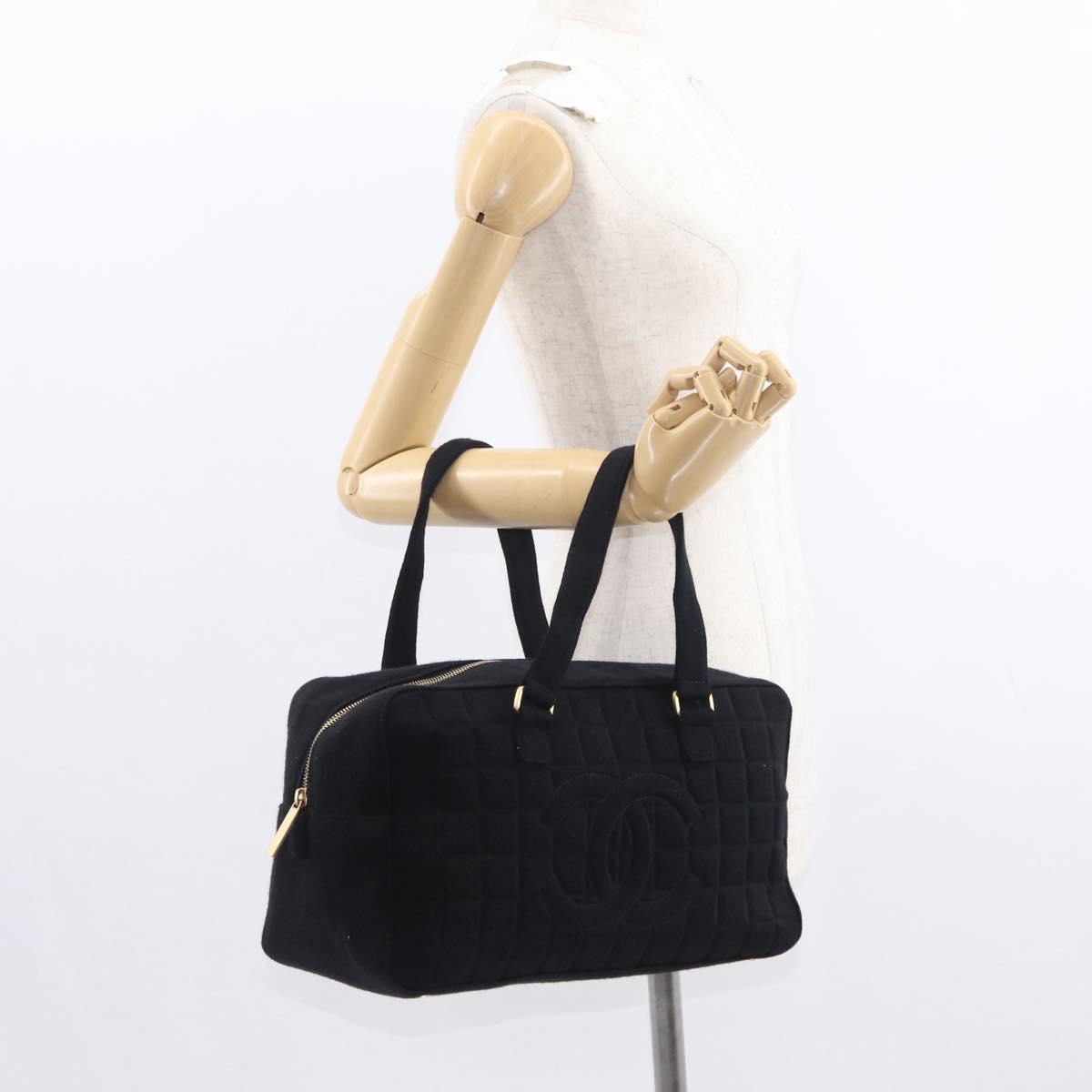 CHANEL Choco Bar Hand Bag cotton Black Gold CC Auth ka339