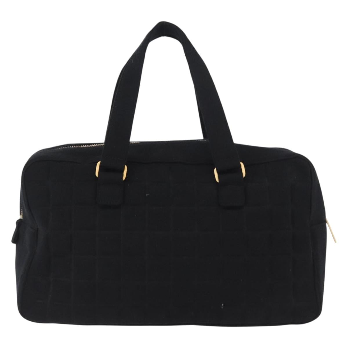 CHANEL Choco Bar Hand Bag cotton Black Gold CC Auth ka339