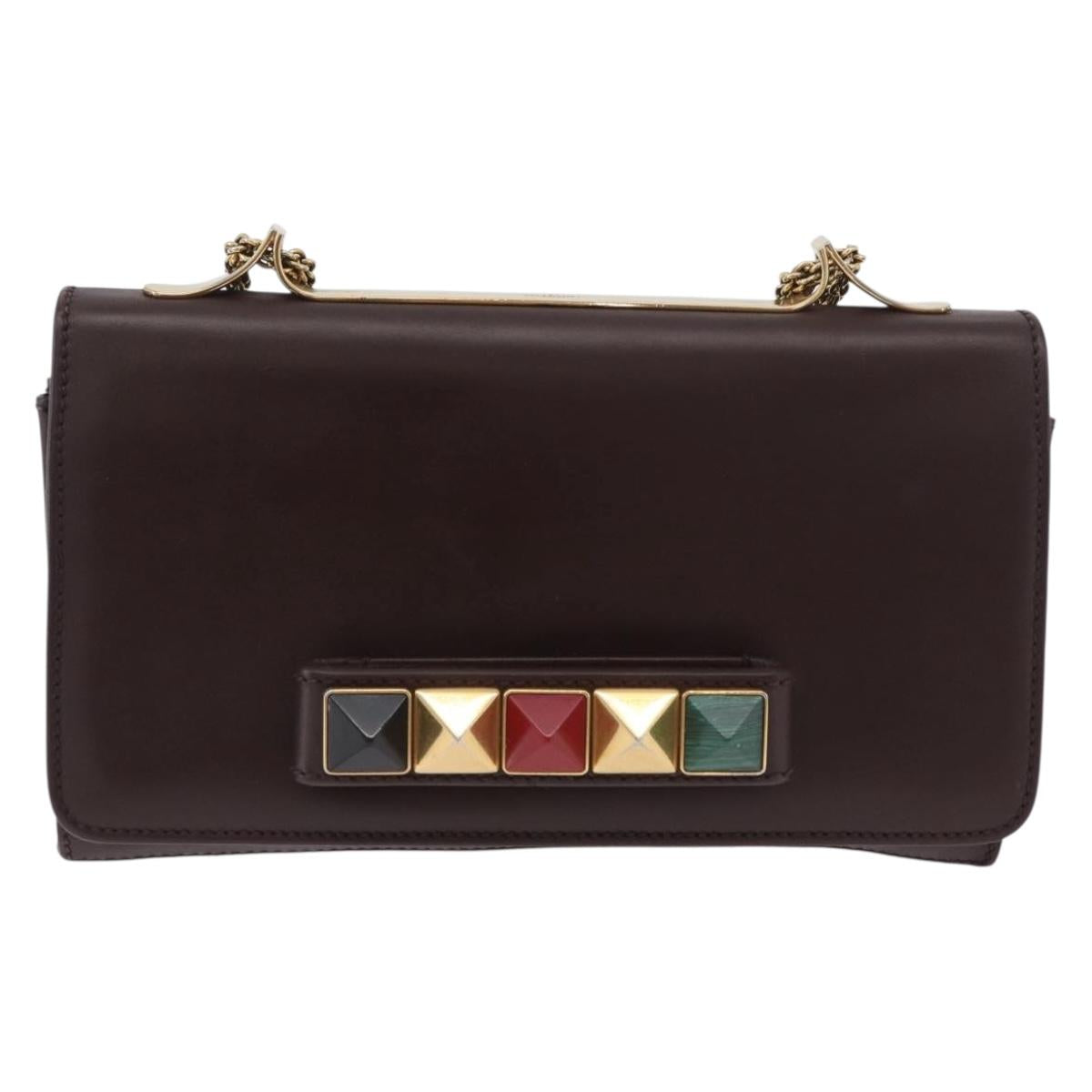 VALENTINO Chain Shoulder Bag Leather Brown Gold Auth ka3408A