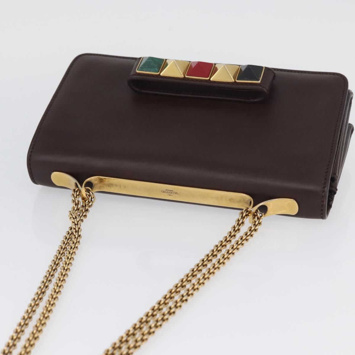 VALENTINO Chain Shoulder Bag Leather Brown Gold Auth ka3408A