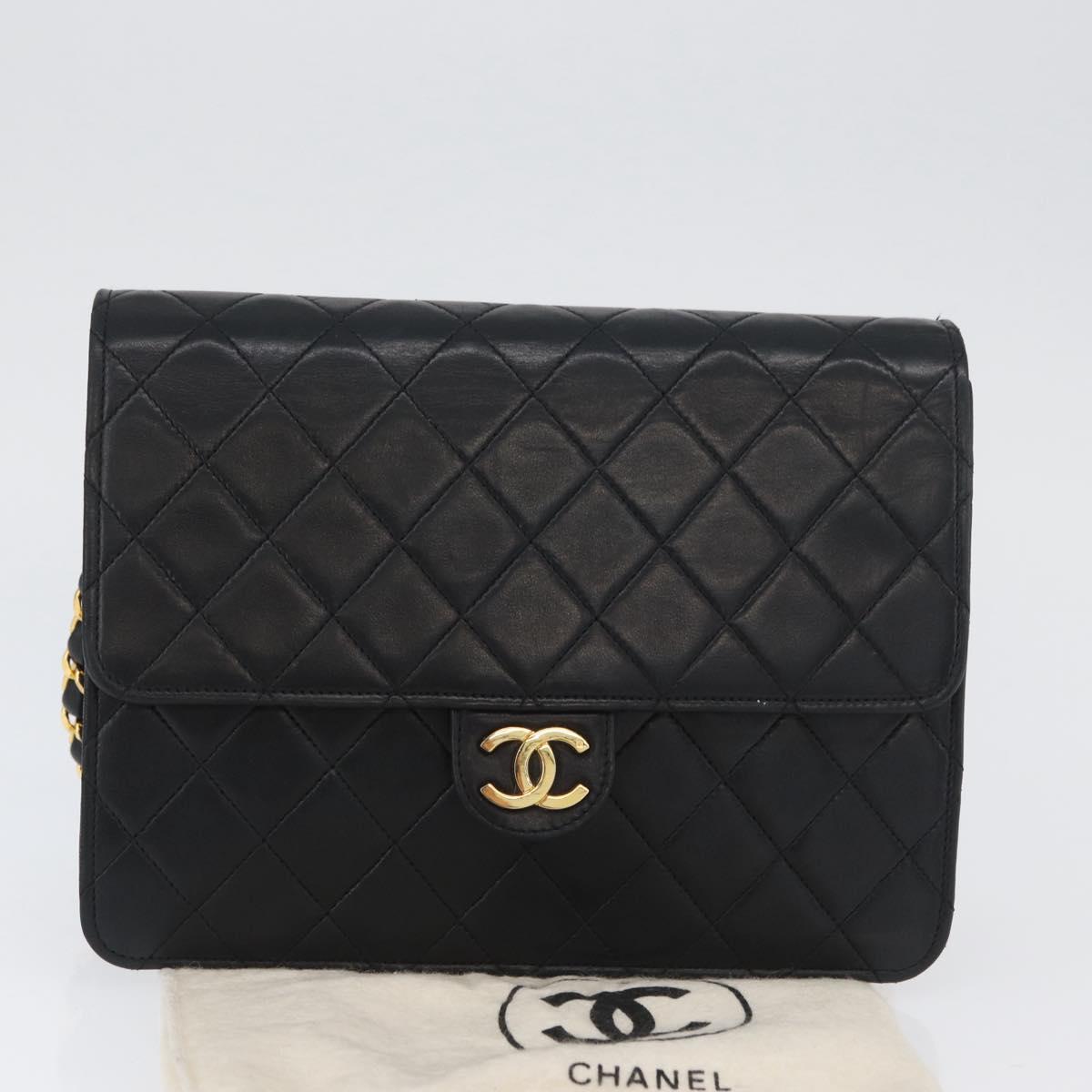 CHANEL Chain Matelasse Shoulder Bag Lamb Skin Black Gold CC Auth ka3415SAV