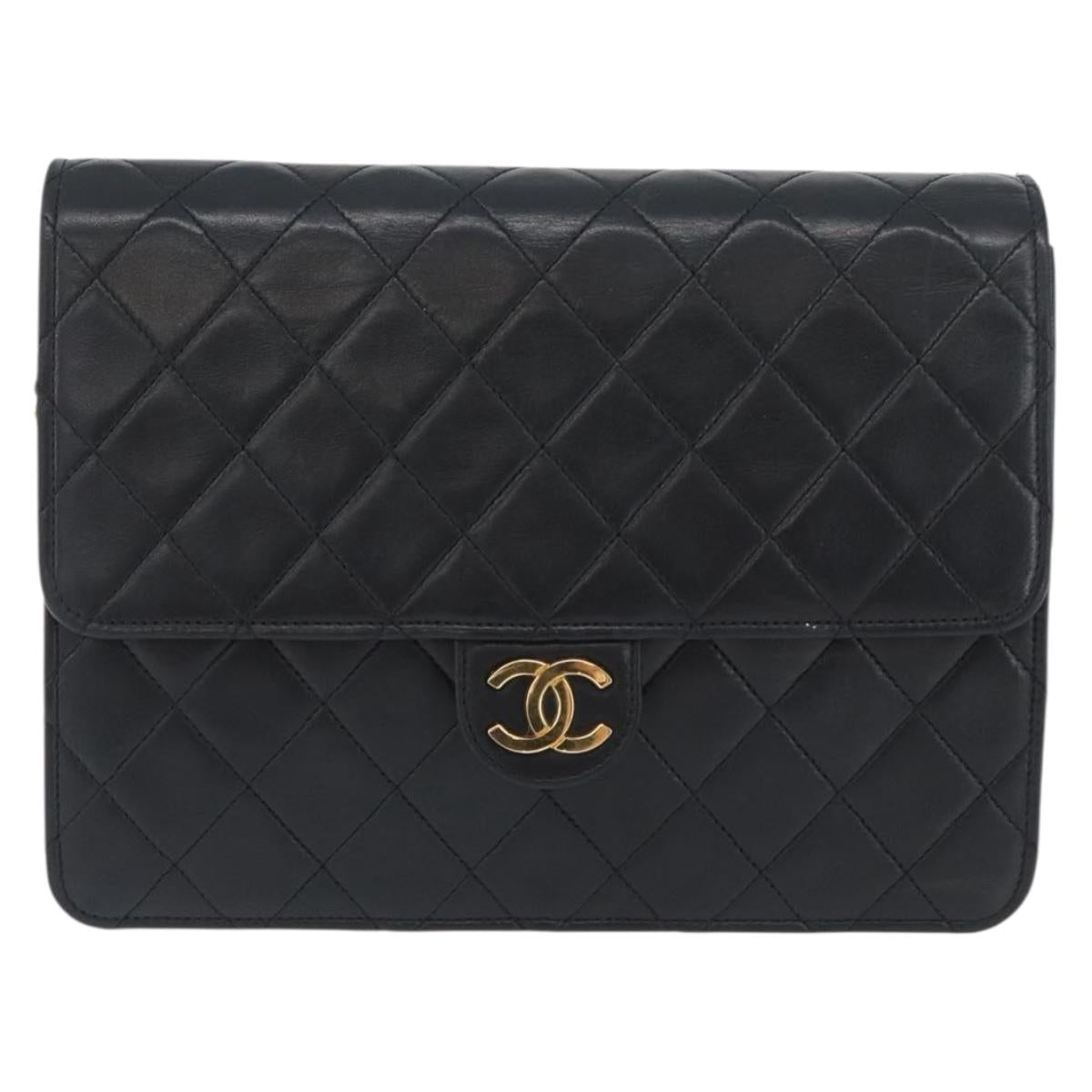CHANEL Chain Matelasse Shoulder Bag Lamb Skin Black Gold CC Auth ka3415SAV