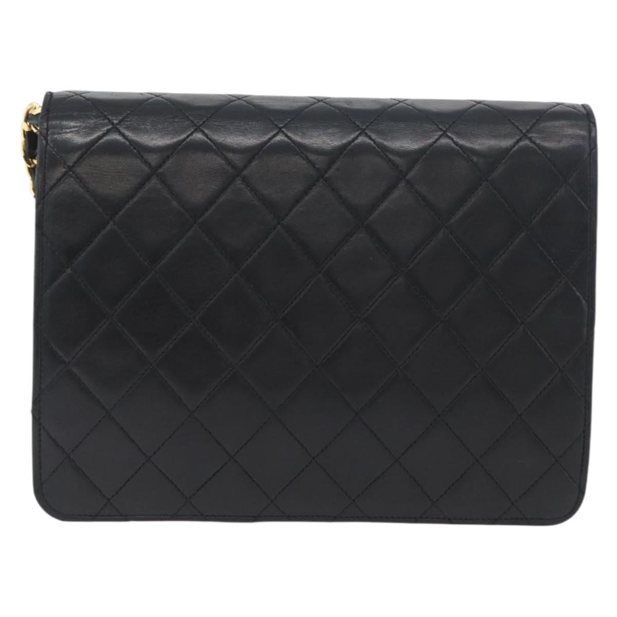 CHANEL Chain Matelasse Shoulder Bag Lamb Skin Black Gold CC Auth ka3415SAV