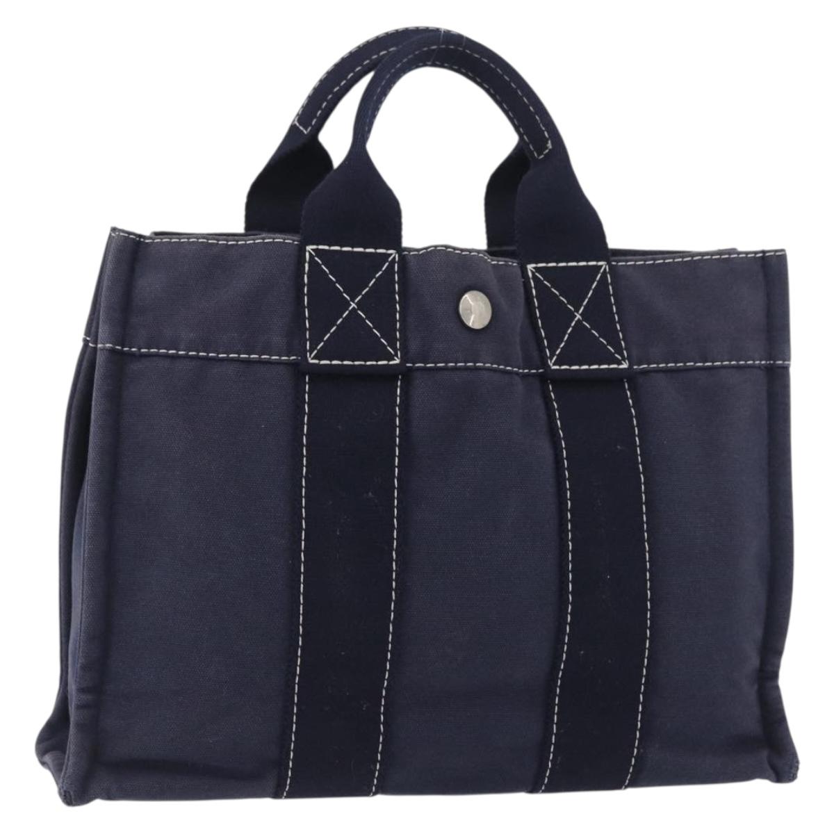 HERMES Fourre Tout PM Tote Bag Canvas Navy Silver Auth ka3422