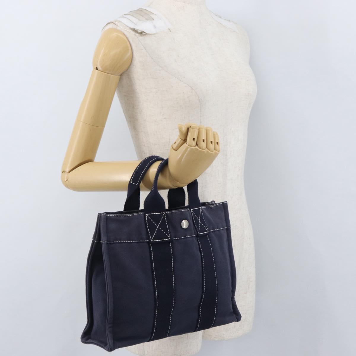 HERMES Fourre Tout PM Tote Bag Canvas Navy Silver Auth ka3422