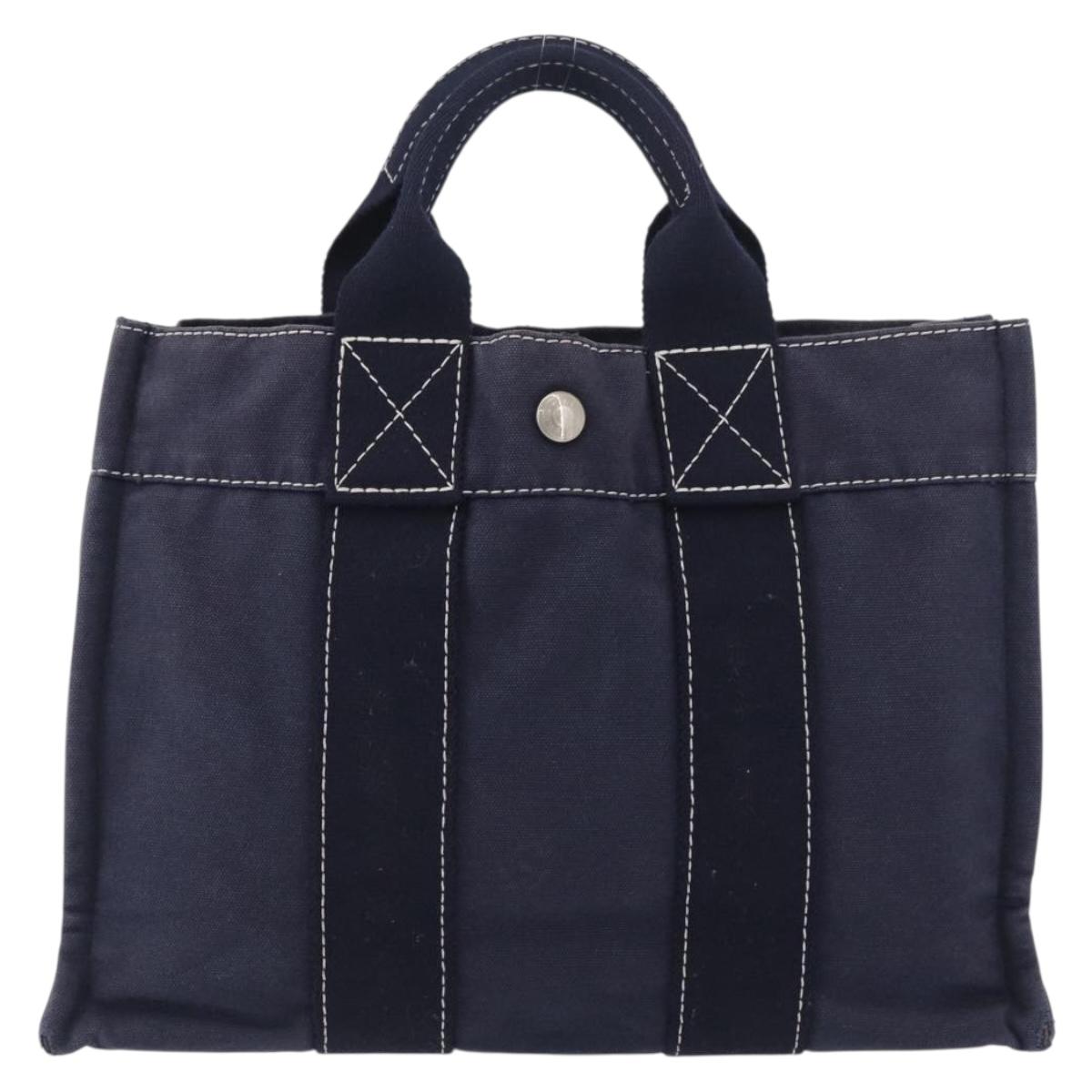 HERMES Fourre Tout PM Tote Bag Canvas Navy Silver Auth ka3422