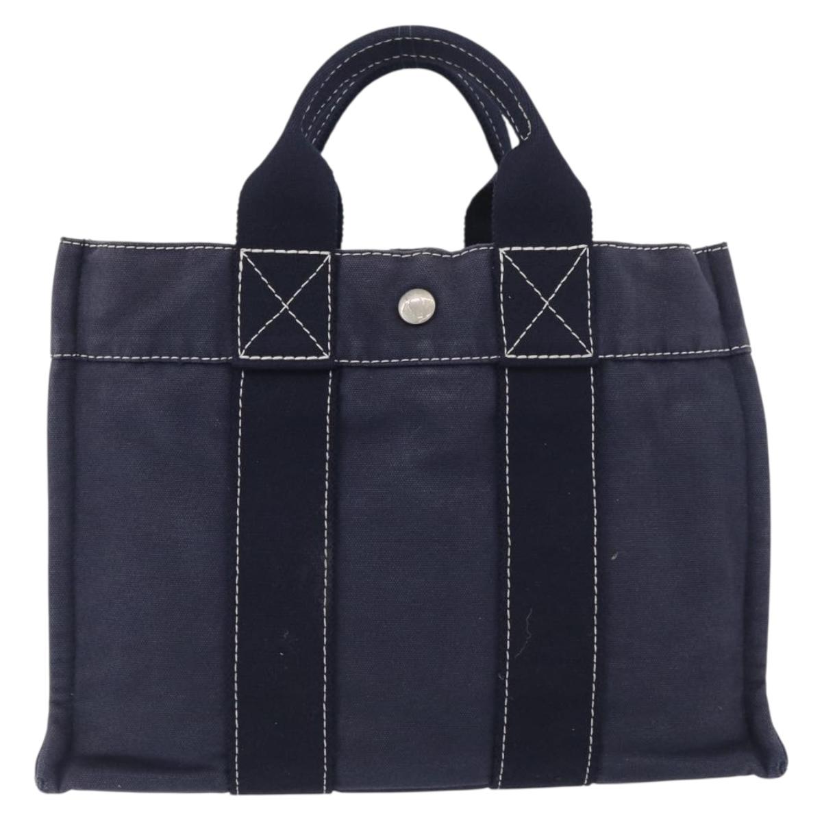 HERMES Fourre Tout PM Tote Bag Canvas Navy Silver Auth ka3422