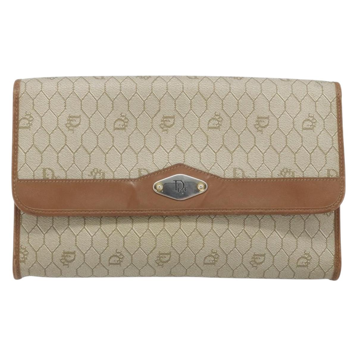 Christian Dior Honeycomb Canvas Chain Shoulder Bag PVC Beige Gold Auth ka3461