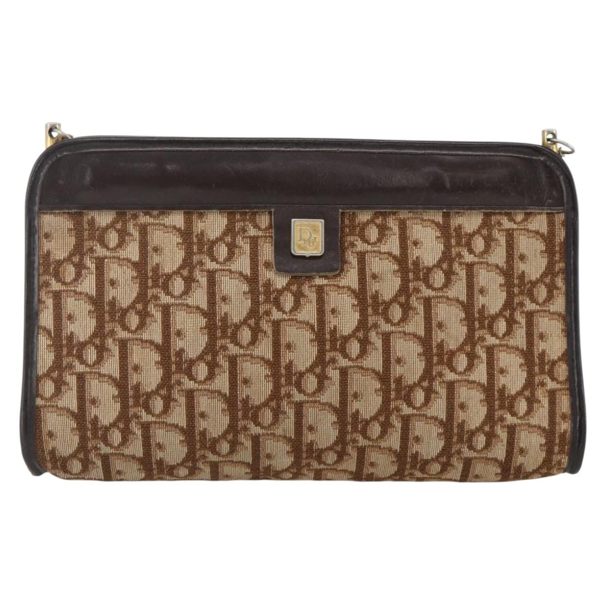Christian Dior Trotter Canvas Chain Shoulder Bag Brown Gold Auth ka3467