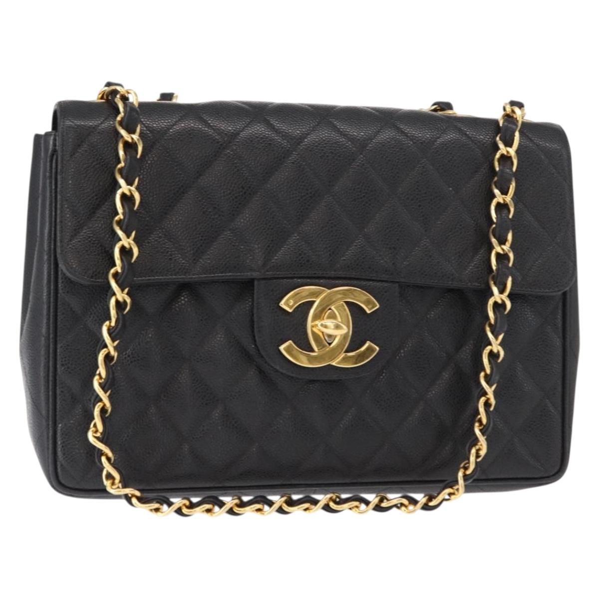 CHANEL Matelasse 30 Chain Shoulder Bag Caviar Skin Black Gold CC Auth ka350A