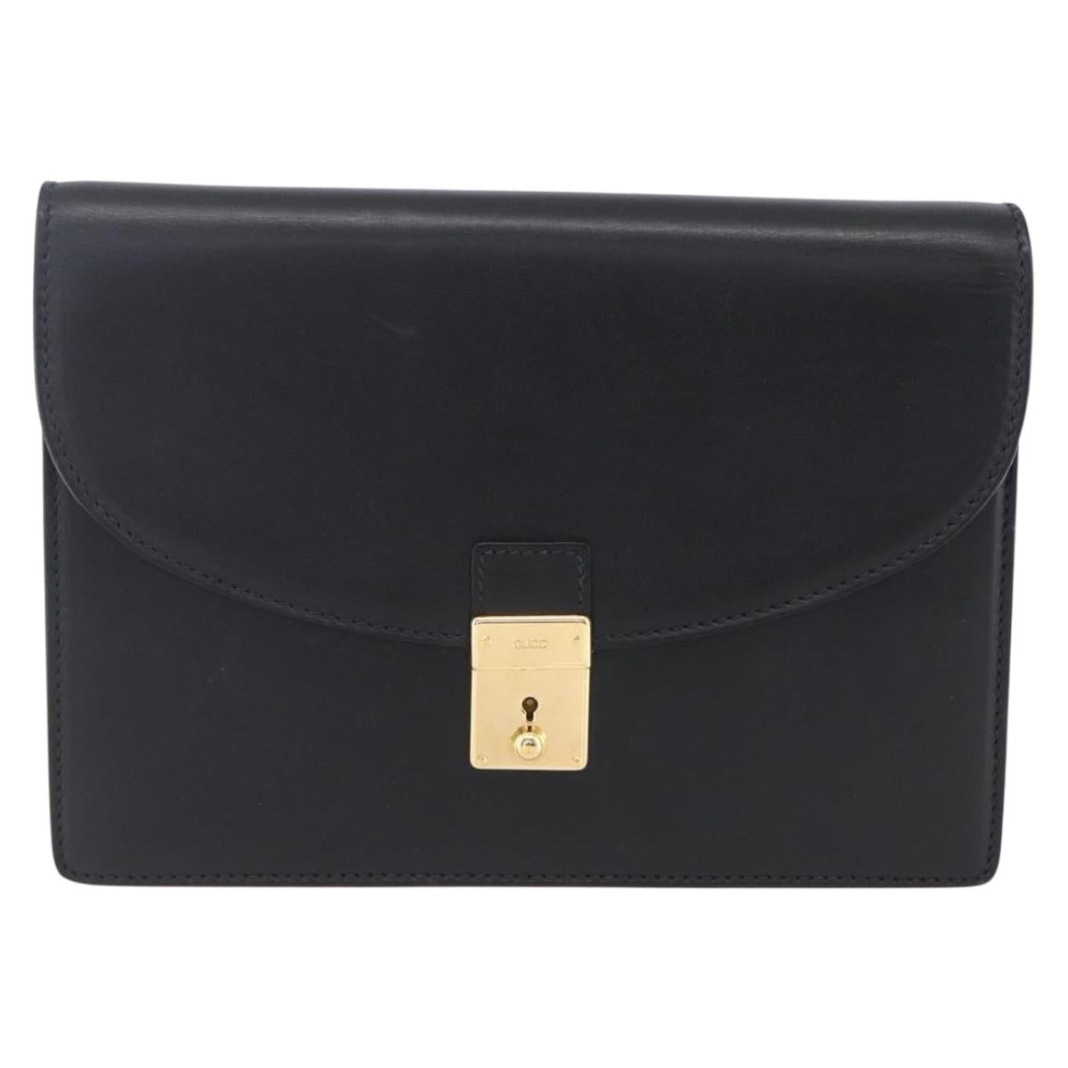 GUCCI Clutch Bag Leather Black Gold Auth ka351