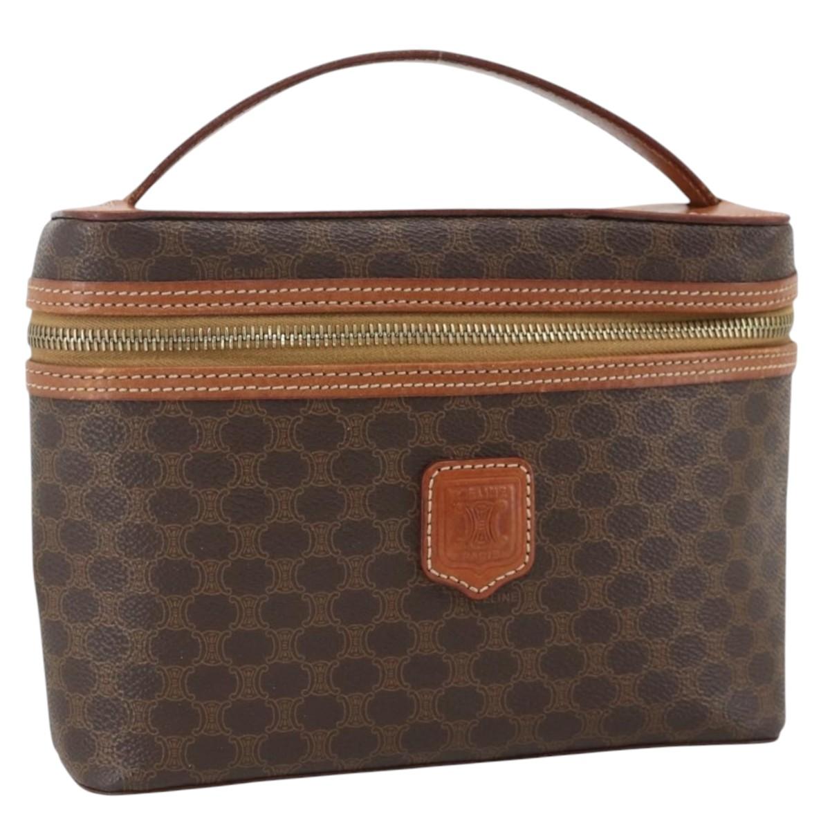CELINE Macadam Canvas Vanity Hand Bag PVC Leather Brown Gold Auth ka3516