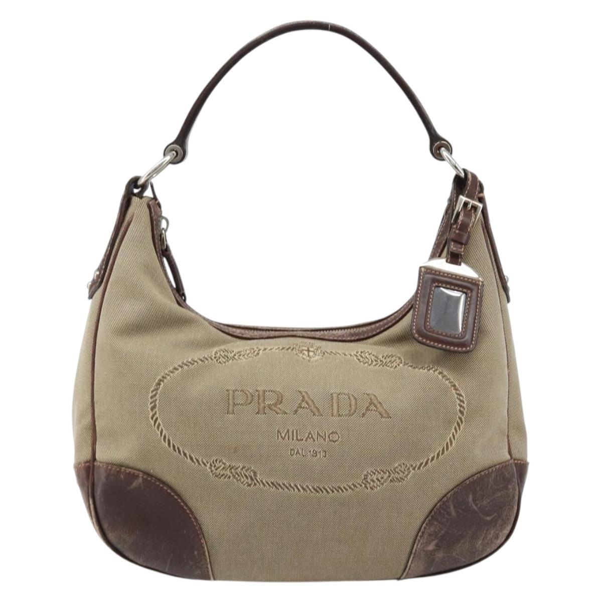 PRADA Shoulder Bag Canvas Beige Silver Auth ka3519
