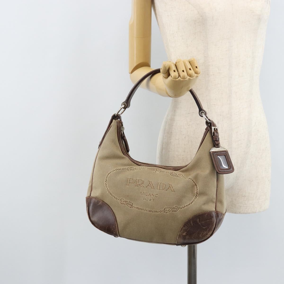 PRADA Shoulder Bag Canvas Beige Silver Auth ka3519